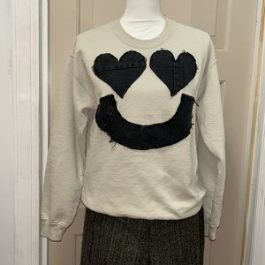 1 of a kind handmade Upcycled tan sweatshirt with black denim hearts & smile